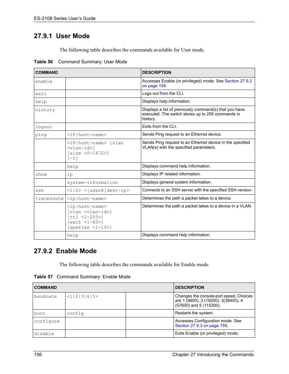 1 user mode, 2 enable mode, 1 user mode 27.9.2 enable mode | ZyXEL Communications ES-2108 User Manual | Page 156 / 224