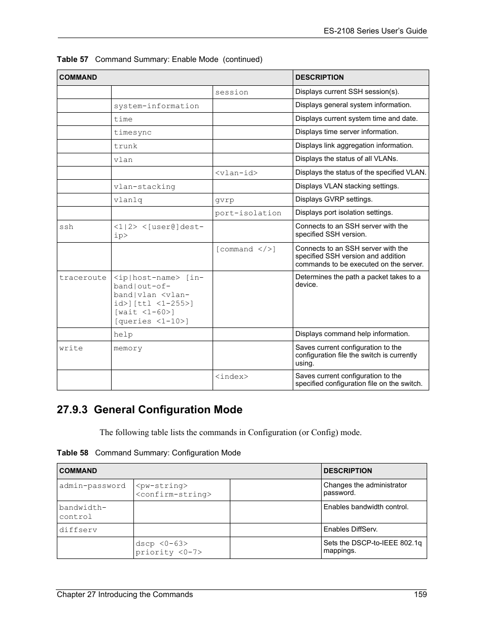 3 general configuration mode, Table 58 command summary: configuration mode | ZyXEL Communications ES-2108 User Manual | Page 159 / 224