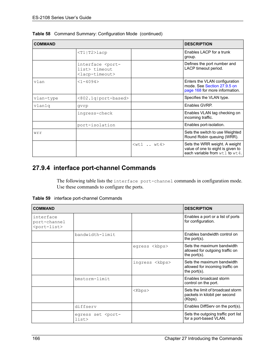 4 interface port-channel commands, Table 59 interface port-channel commands, Uration. see | Section | ZyXEL Communications ES-2108 User Manual | Page 166 / 224