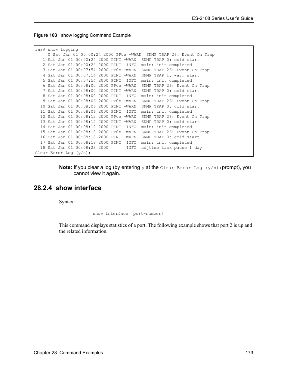 4 show interface, Figure 103 show logging command example | ZyXEL Communications ES-2108 User Manual | Page 173 / 224