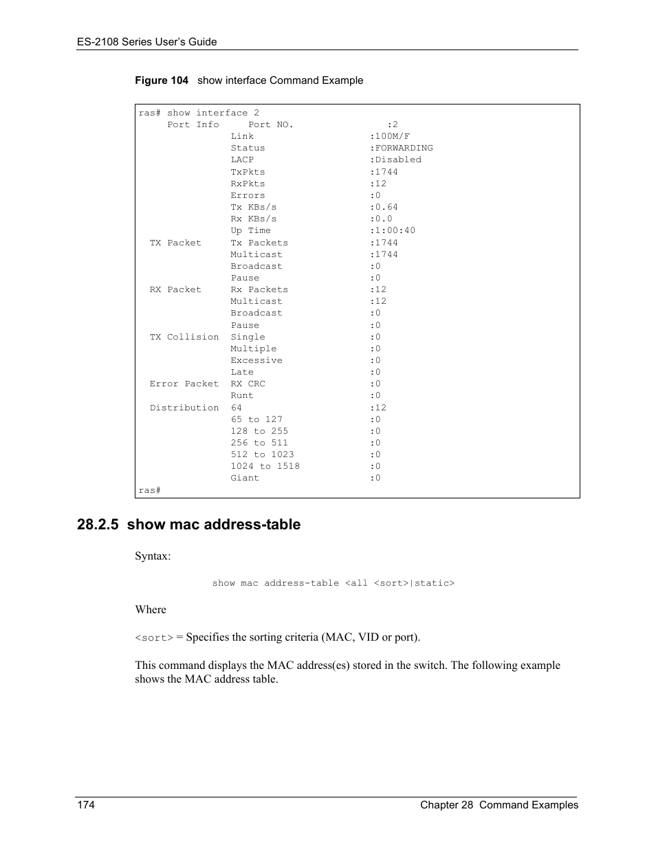 5 show mac address-table, Figure 104 show interface command example | ZyXEL Communications ES-2108 User Manual | Page 174 / 224