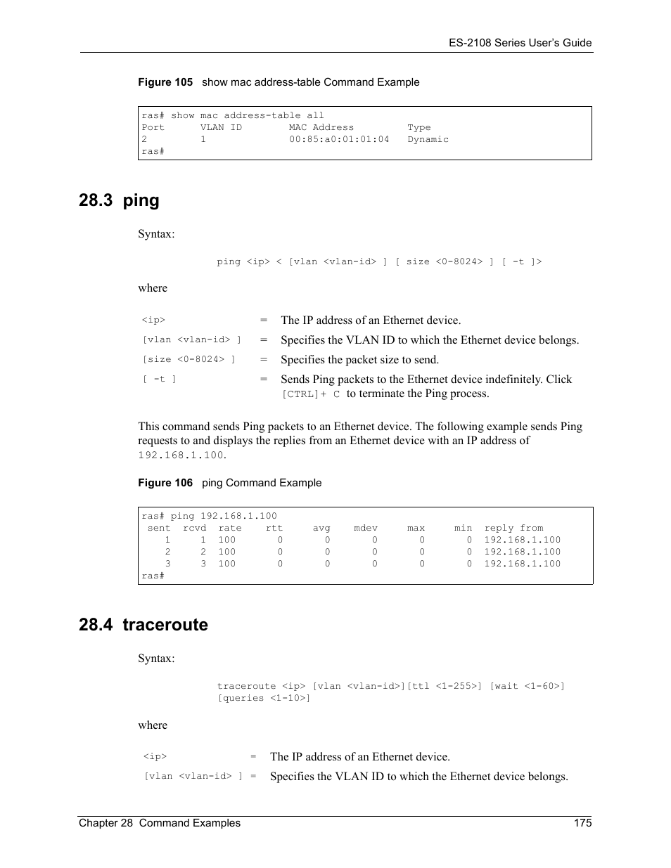 3 ping, 4 traceroute, 3 ping 28.4 traceroute | ZyXEL Communications ES-2108 User Manual | Page 175 / 224