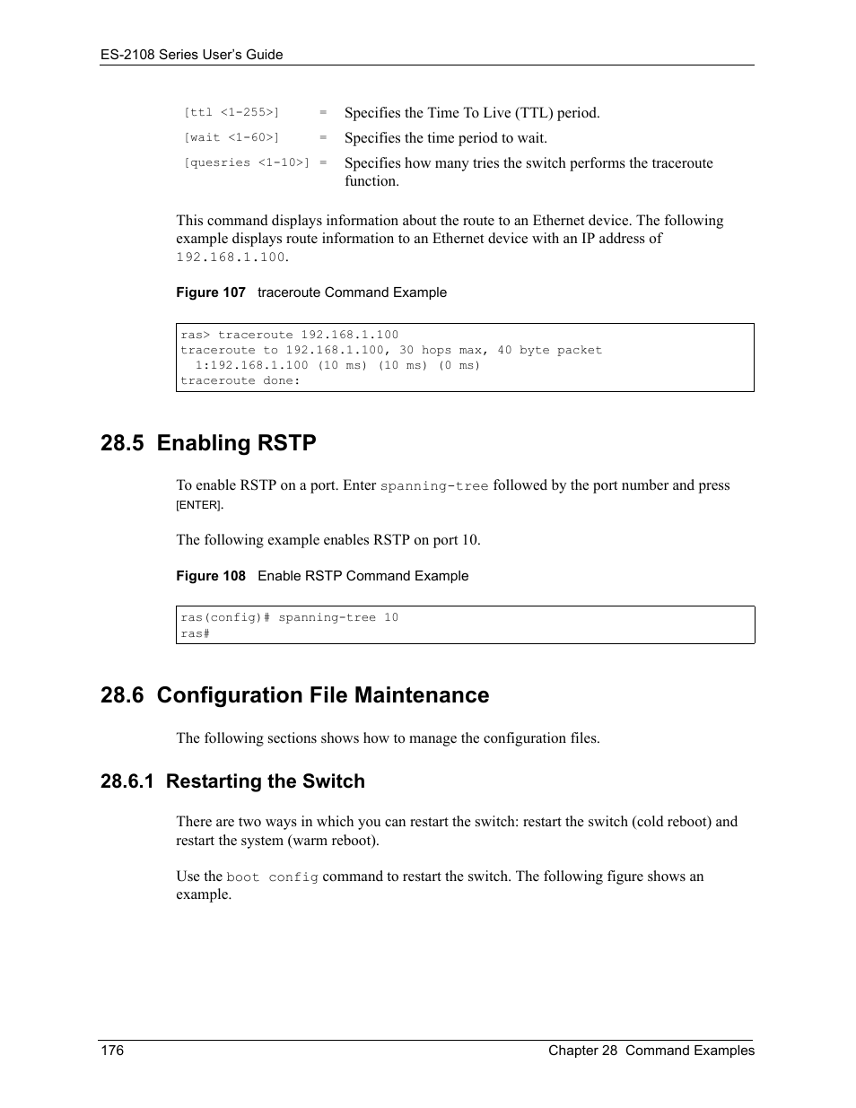 5 enabling rstp, 6 configuration file maintenance, 1 restarting the switch | ZyXEL Communications ES-2108 User Manual | Page 176 / 224