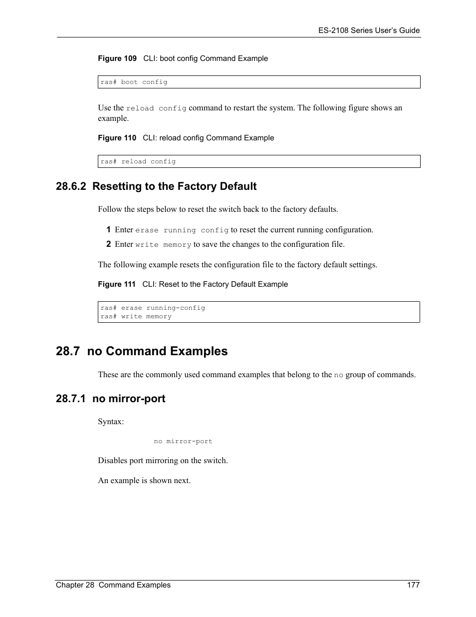 2 resetting to the factory default, 7 no command examples, 1 no mirror-port | ZyXEL Communications ES-2108 User Manual | Page 177 / 224
