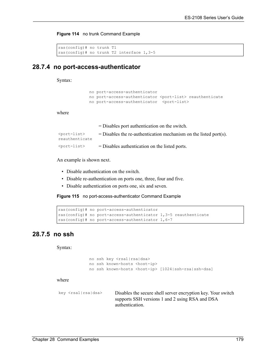 4 no port-access-authenticator, 5 no ssh, 4 no port-access-authenticator 28.7.5 no ssh | ZyXEL Communications ES-2108 User Manual | Page 179 / 224