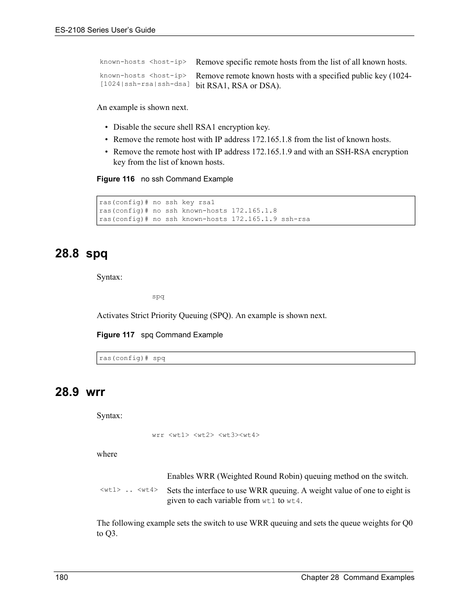 8 spq, 9 wrr, 8 spq 28.9 wrr | ZyXEL Communications ES-2108 User Manual | Page 180 / 224