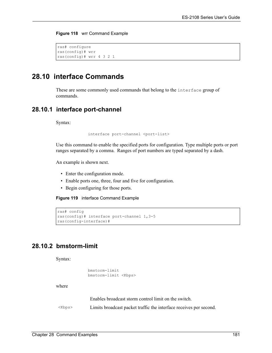 10 interface commands, 1 interface port-channel, 2 bmstorm-limit | 1 interface port-channel 28.10.2 bmstorm-limit | ZyXEL Communications ES-2108 User Manual | Page 181 / 224