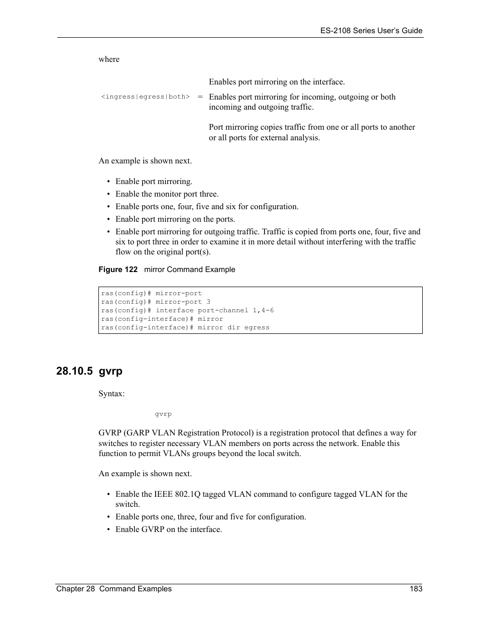 5 gvrp, Figure 122 mirror command example | ZyXEL Communications ES-2108 User Manual | Page 183 / 224