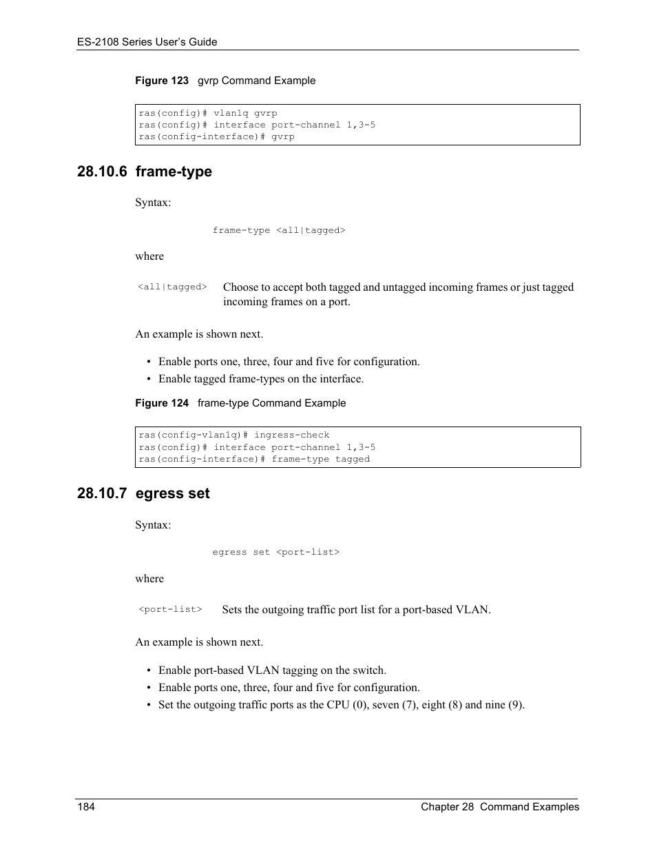 6 frame-type, 7 egress set | ZyXEL Communications ES-2108 User Manual | Page 184 / 224