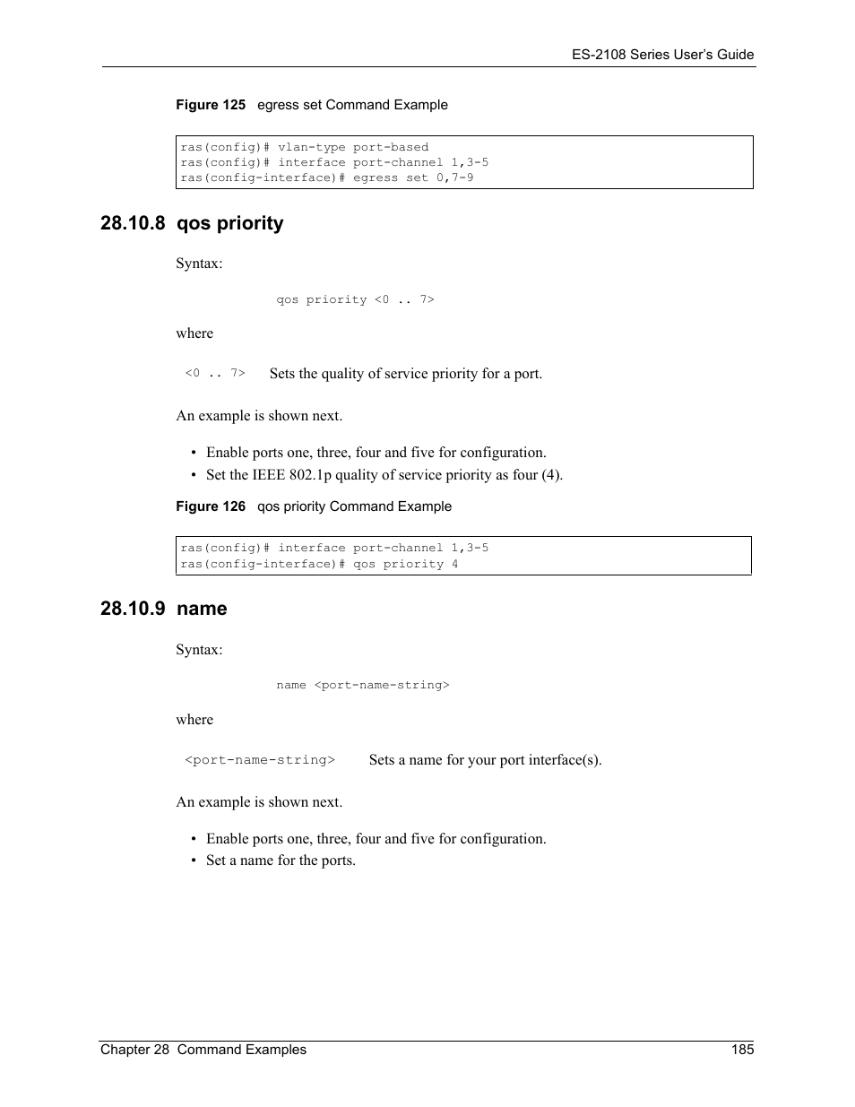 8 qos priority, 9 name, 8 qos priority 28.10.9 name | ZyXEL Communications ES-2108 User Manual | Page 185 / 224
