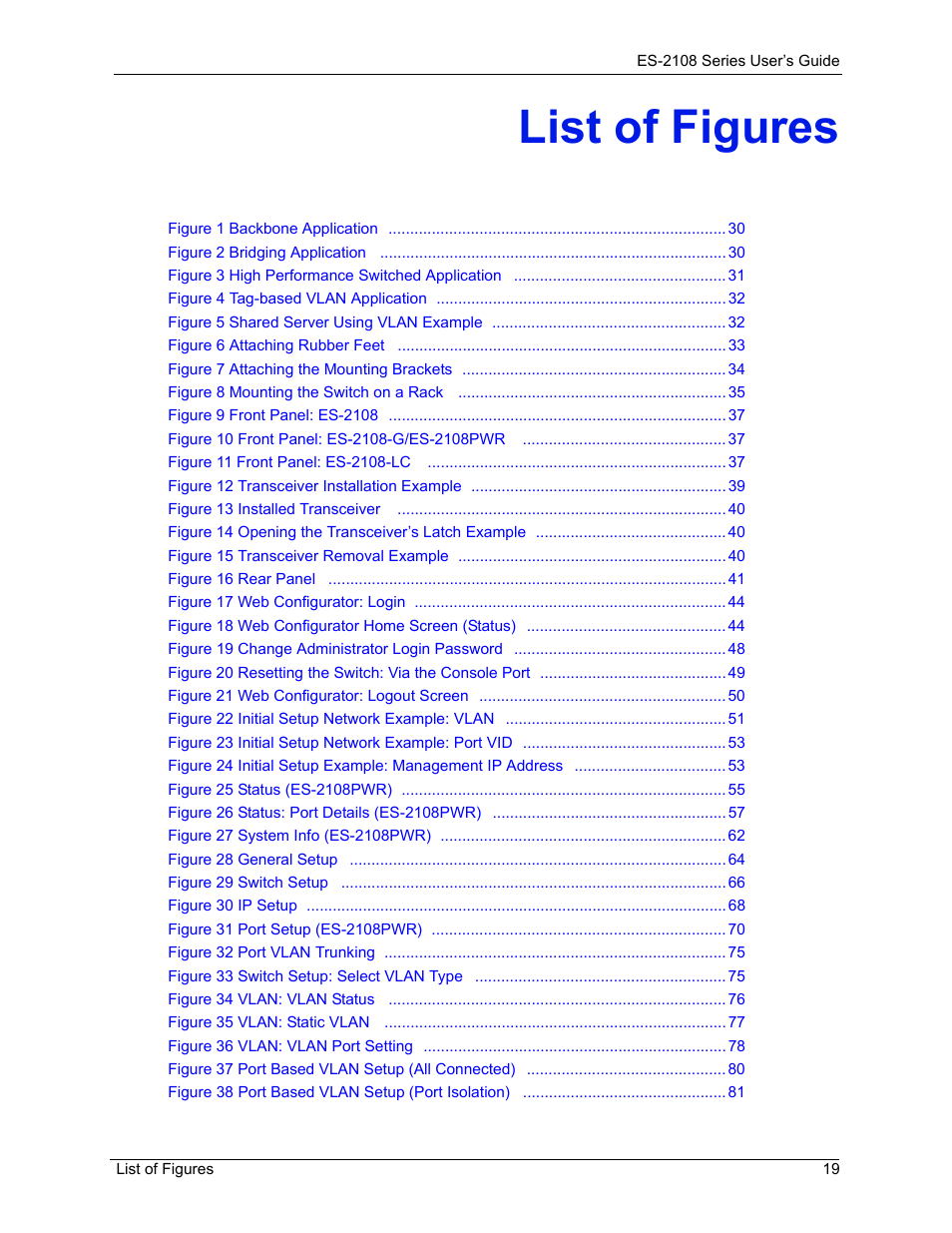 List of figures | ZyXEL Communications ES-2108 User Manual | Page 19 / 224