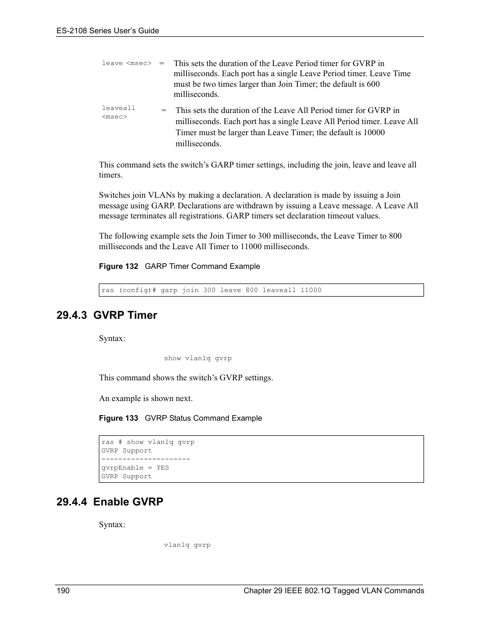 3 gvrp timer, 4 enable gvrp, 3 gvrp timer 29.4.4 enable gvrp | ZyXEL Communications ES-2108 User Manual | Page 190 / 224