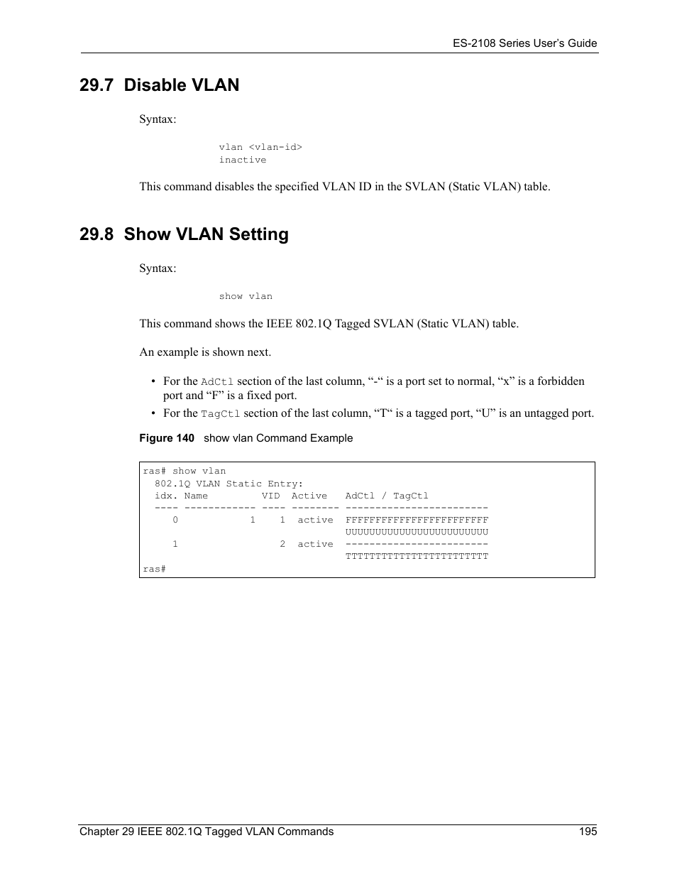 7 disable vlan, 8 show vlan setting, 7 disable vlan 29.8 show vlan setting | Figure 140 show vlan command example | ZyXEL Communications ES-2108 User Manual | Page 195 / 224
