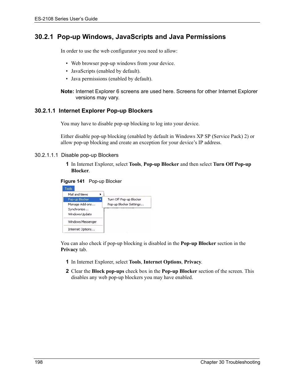 1 pop-up windows, javascripts and java permissions, 1 internet explorer pop-up blockers, Figure 141 pop-up blocker | ZyXEL Communications ES-2108 User Manual | Page 198 / 224