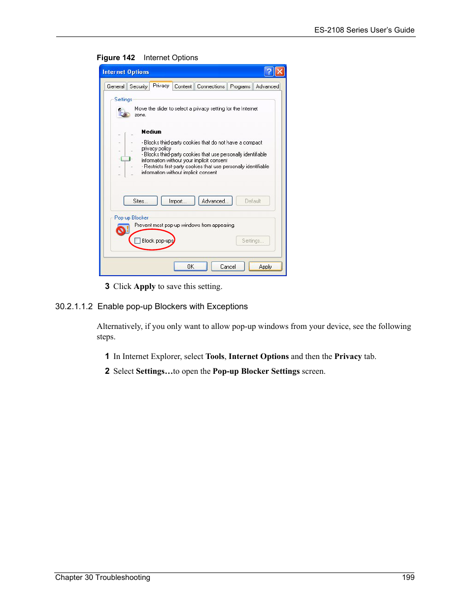 Figure 142 internet options | ZyXEL Communications ES-2108 User Manual | Page 199 / 224