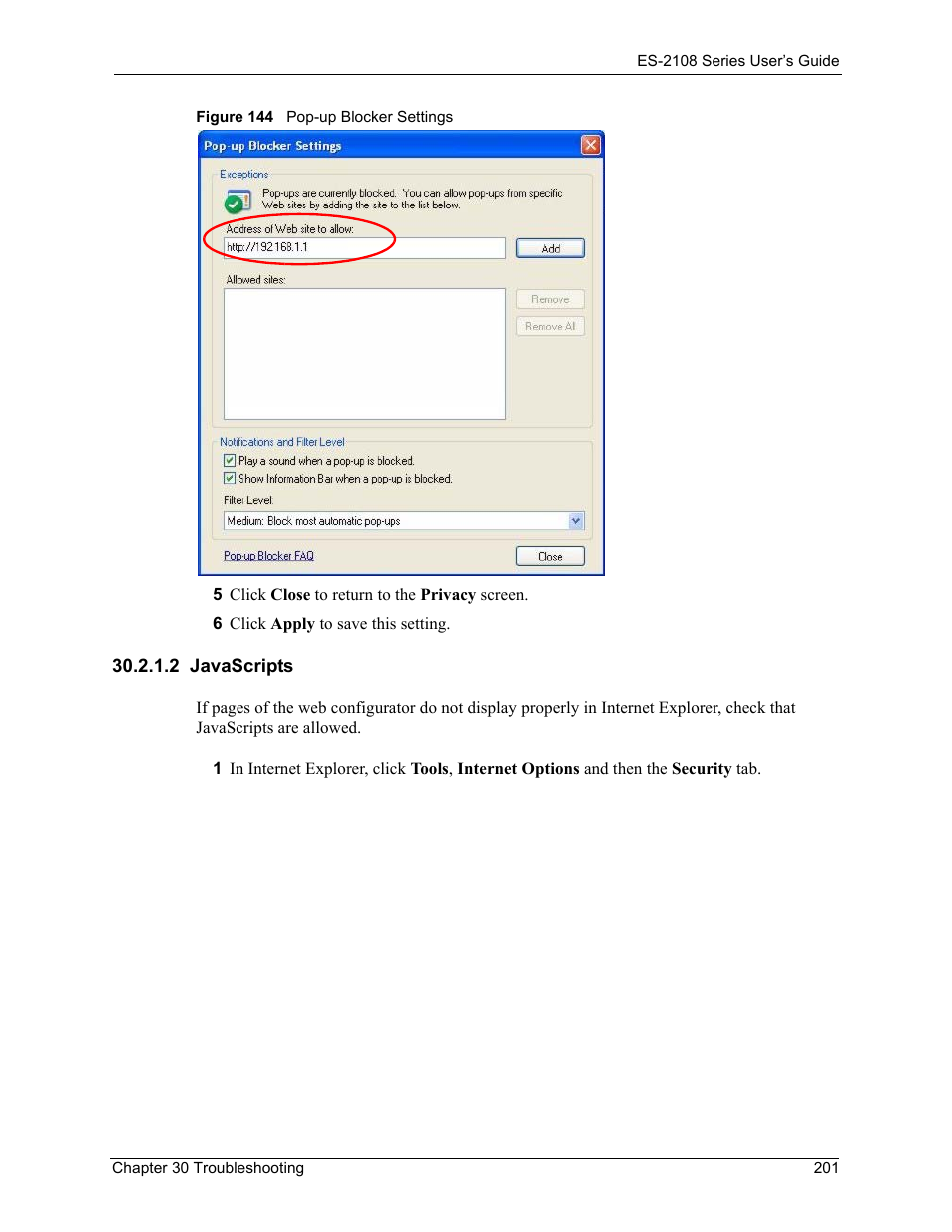 2 javascripts, Figure 144 pop-up blocker settings | ZyXEL Communications ES-2108 User Manual | Page 201 / 224