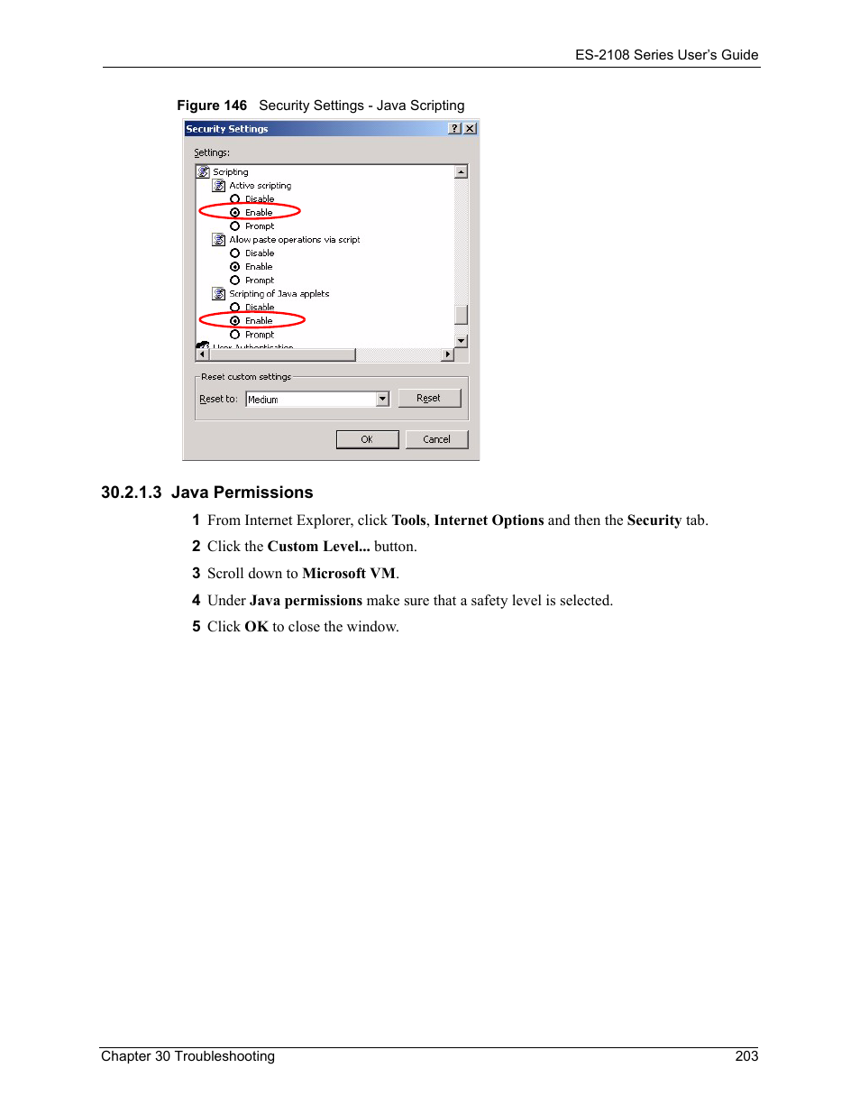 3 java permissions, Figure 146 security settings - java scripting | ZyXEL Communications ES-2108 User Manual | Page 203 / 224