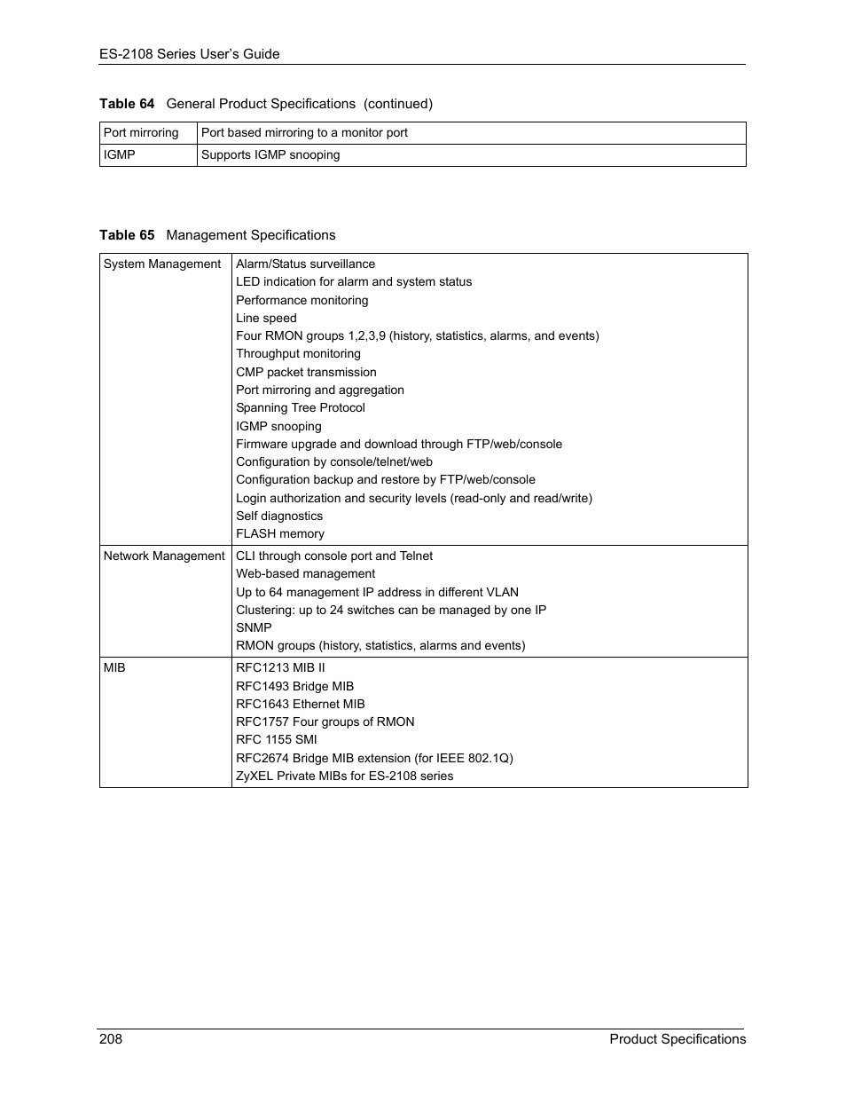 Table 65 management specifications | ZyXEL Communications ES-2108 User Manual | Page 208 / 224