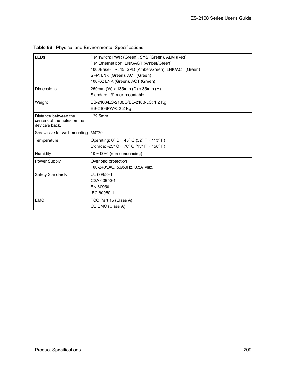 Table 66 physical and environmental specifications | ZyXEL Communications ES-2108 User Manual | Page 209 / 224