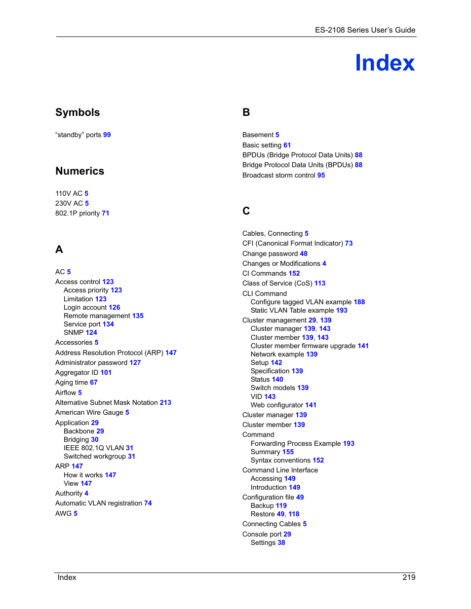 Index, Symbols, Numerics | ZyXEL Communications ES-2108 User Manual | Page 219 / 224