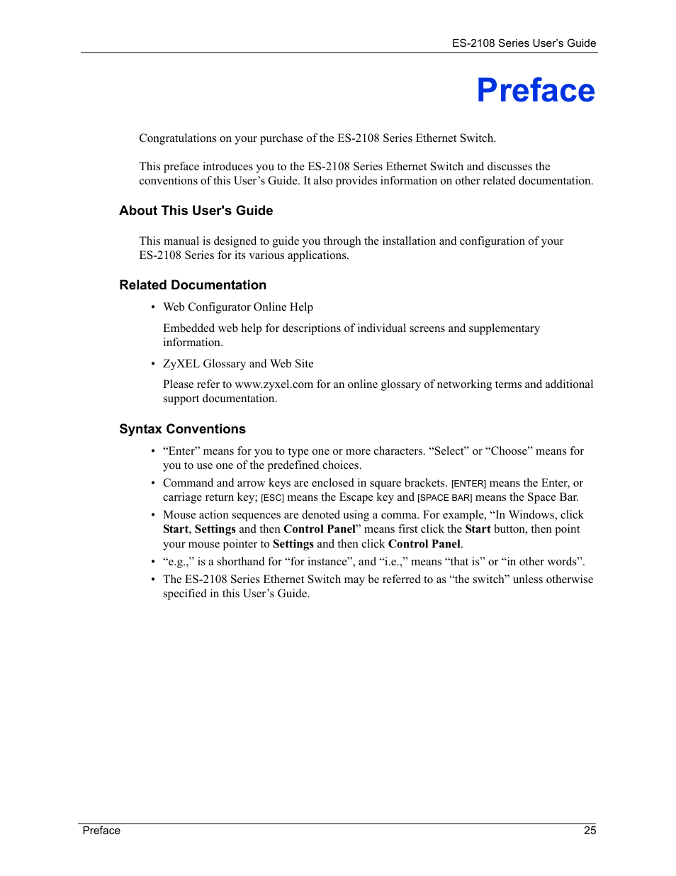 Preface | ZyXEL Communications ES-2108 User Manual | Page 25 / 224