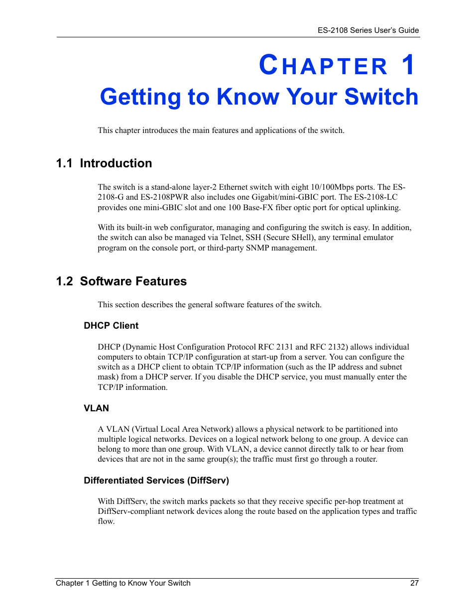 Getting to know your switch, 1 introduction, 2 software features | Chapter 1 getting to know your switch, 1 introduction 1.2 software features | ZyXEL Communications ES-2108 User Manual | Page 27 / 224