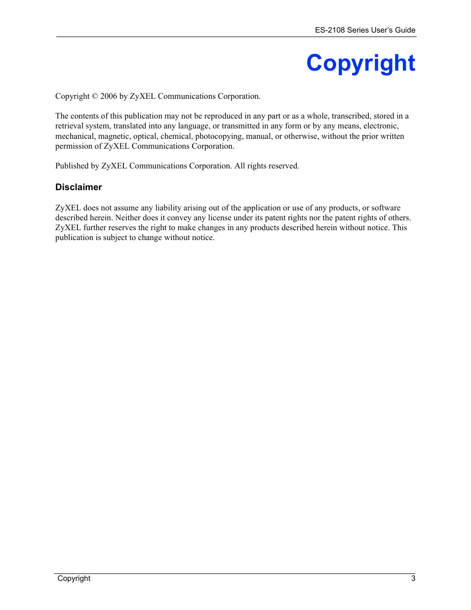 Copyright | ZyXEL Communications ES-2108 User Manual | Page 3 / 224