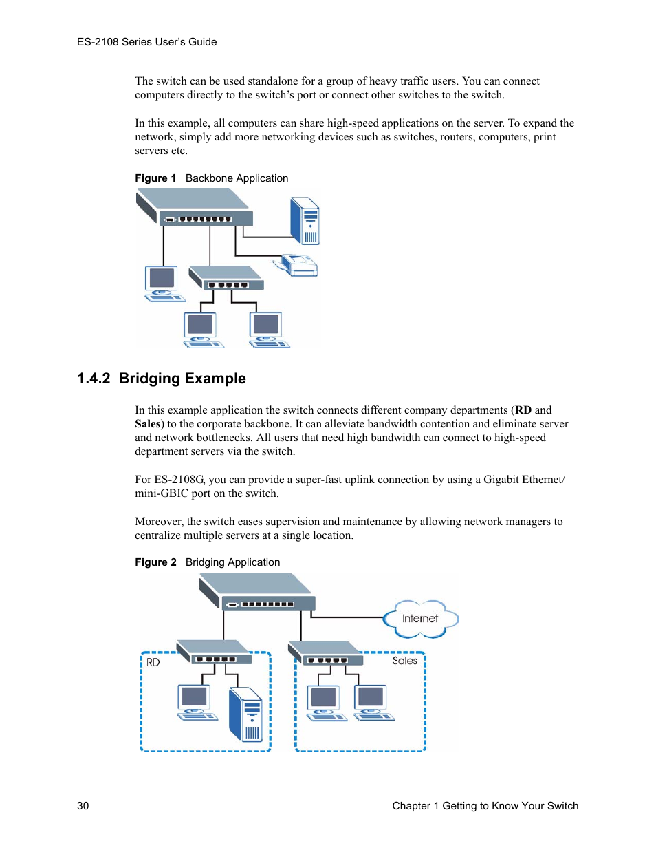 2 bridging example | ZyXEL Communications ES-2108 User Manual | Page 30 / 224