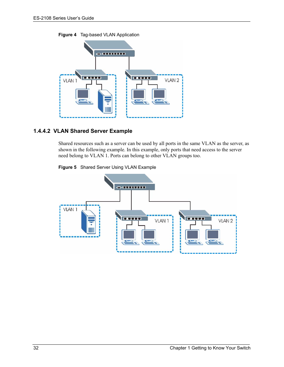 2 vlan shared server example | ZyXEL Communications ES-2108 User Manual | Page 32 / 224