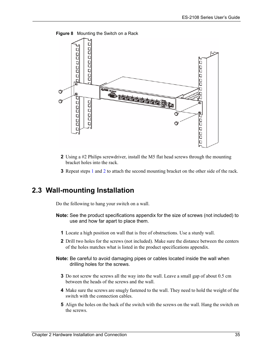 3 wall-mounting installation, Figure 8 mounting the switch on a rack | ZyXEL Communications ES-2108 User Manual | Page 35 / 224
