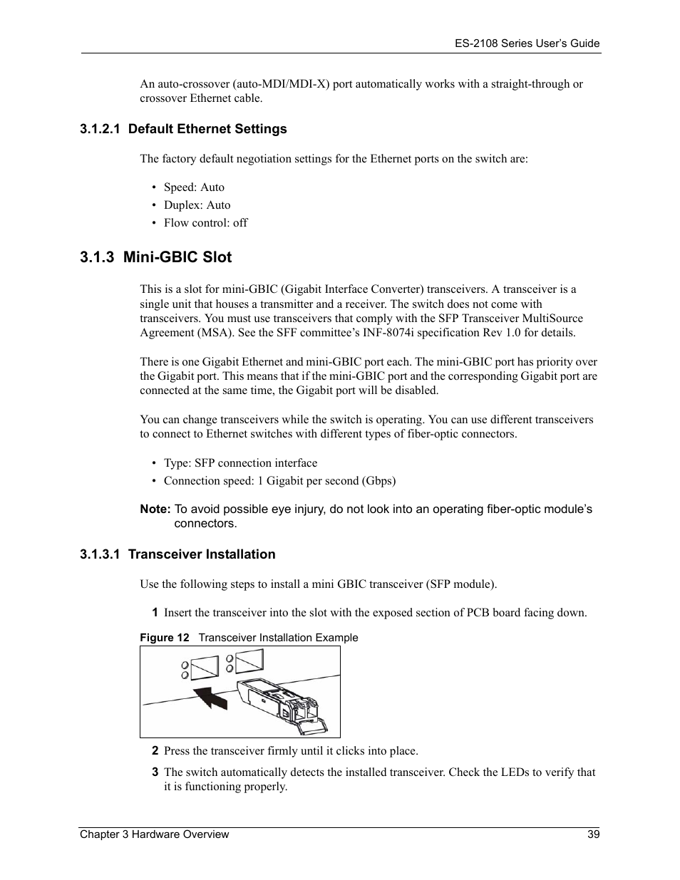 1 default ethernet settings, 3 mini-gbic slot, 1 transceiver installation | Figure 12 transceiver installation example | ZyXEL Communications ES-2108 User Manual | Page 39 / 224