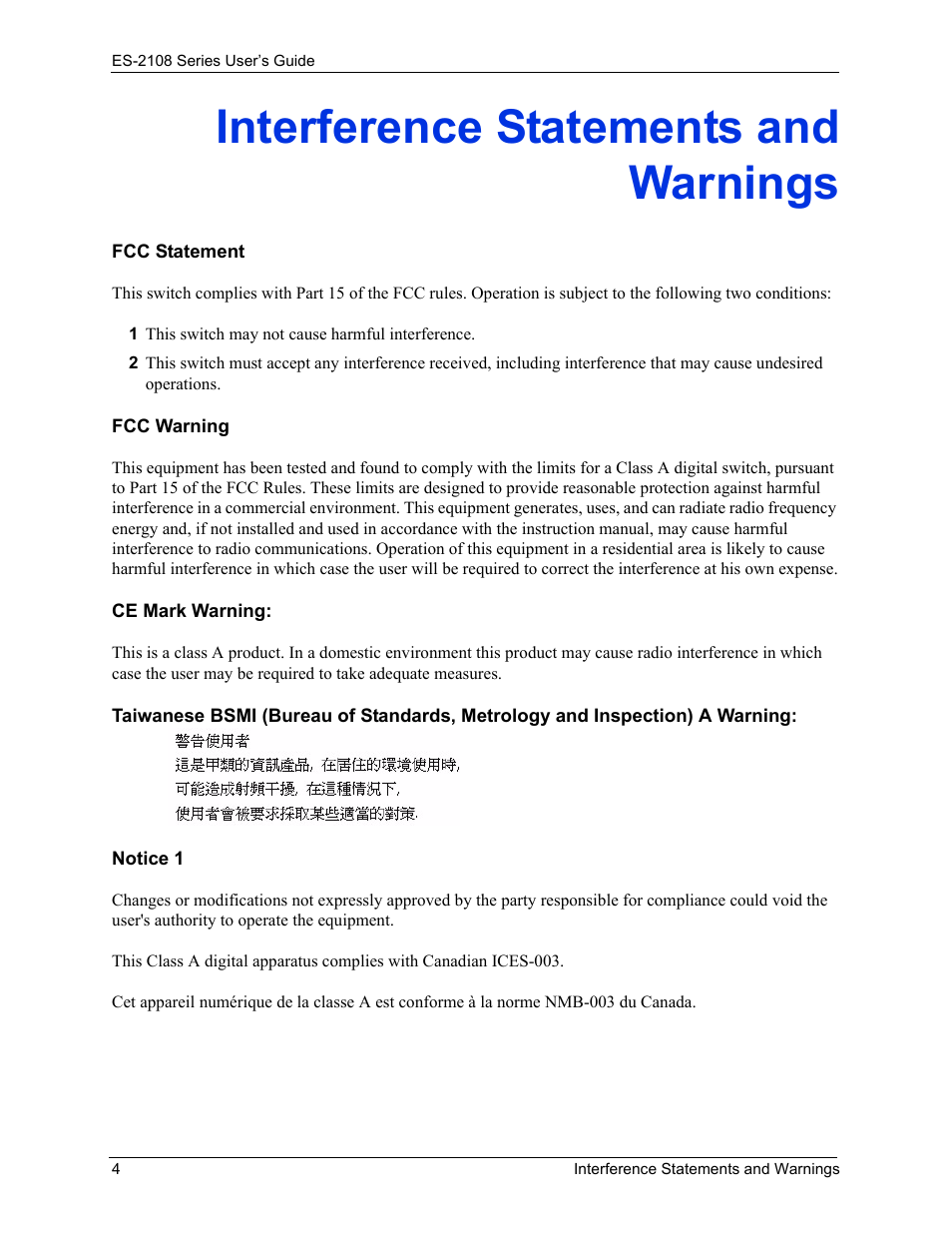 Interference statements and warnings | ZyXEL Communications ES-2108 User Manual | Page 4 / 224