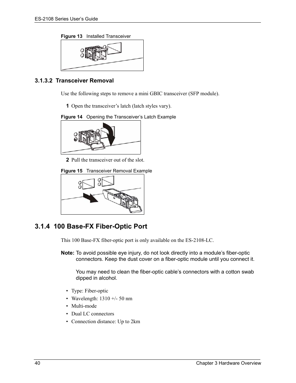 2 transceiver removal, 4 100 base-fx fiber-optic port | ZyXEL Communications ES-2108 User Manual | Page 40 / 224
