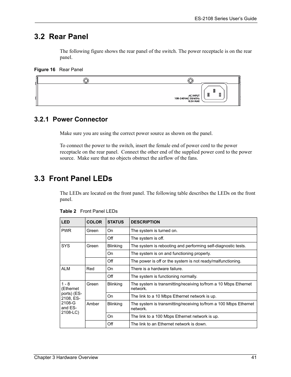 2 rear panel, 1 power connector, 3 front panel leds | Figure 16 rear panel, Table 2 front panel leds | ZyXEL Communications ES-2108 User Manual | Page 41 / 224