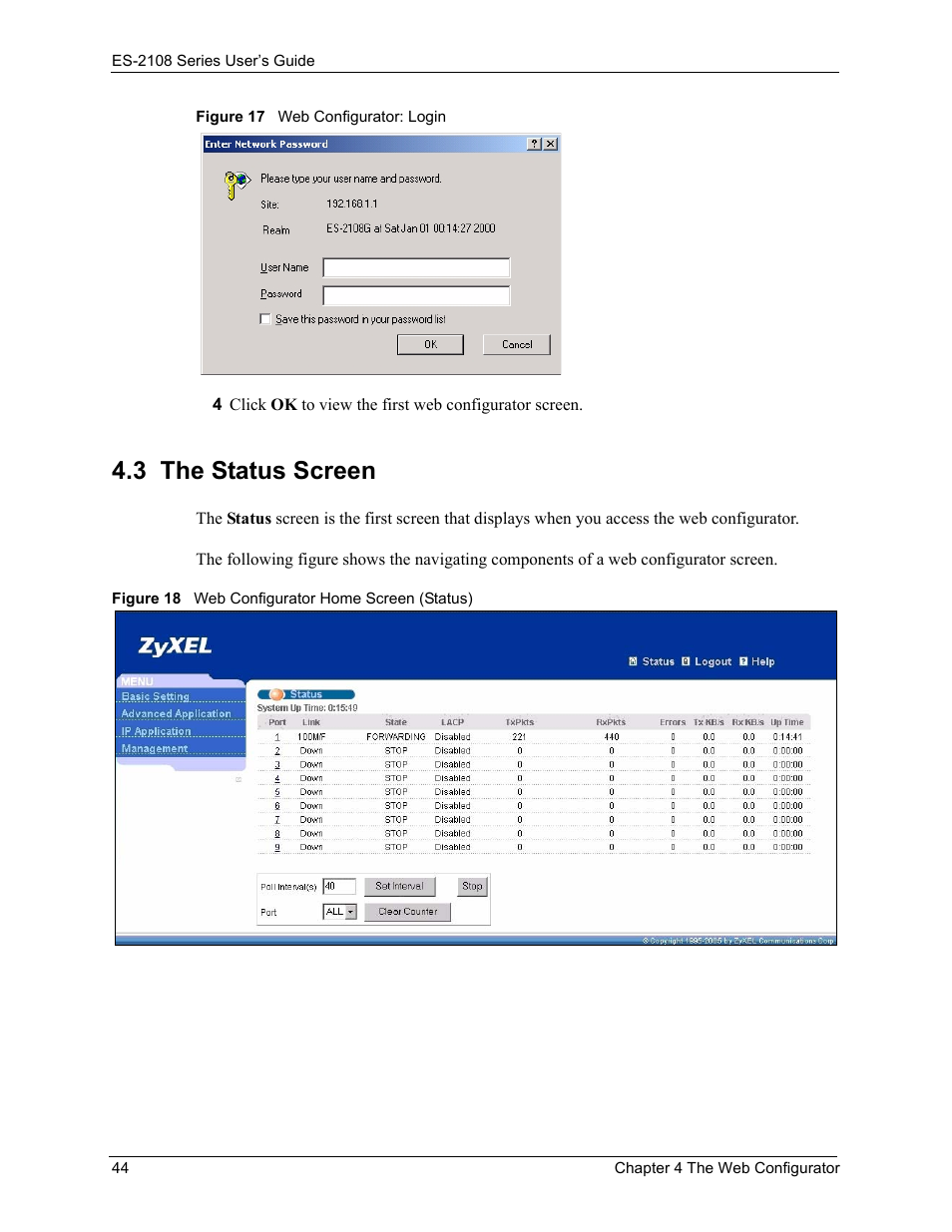 3 the status screen | ZyXEL Communications ES-2108 User Manual | Page 44 / 224