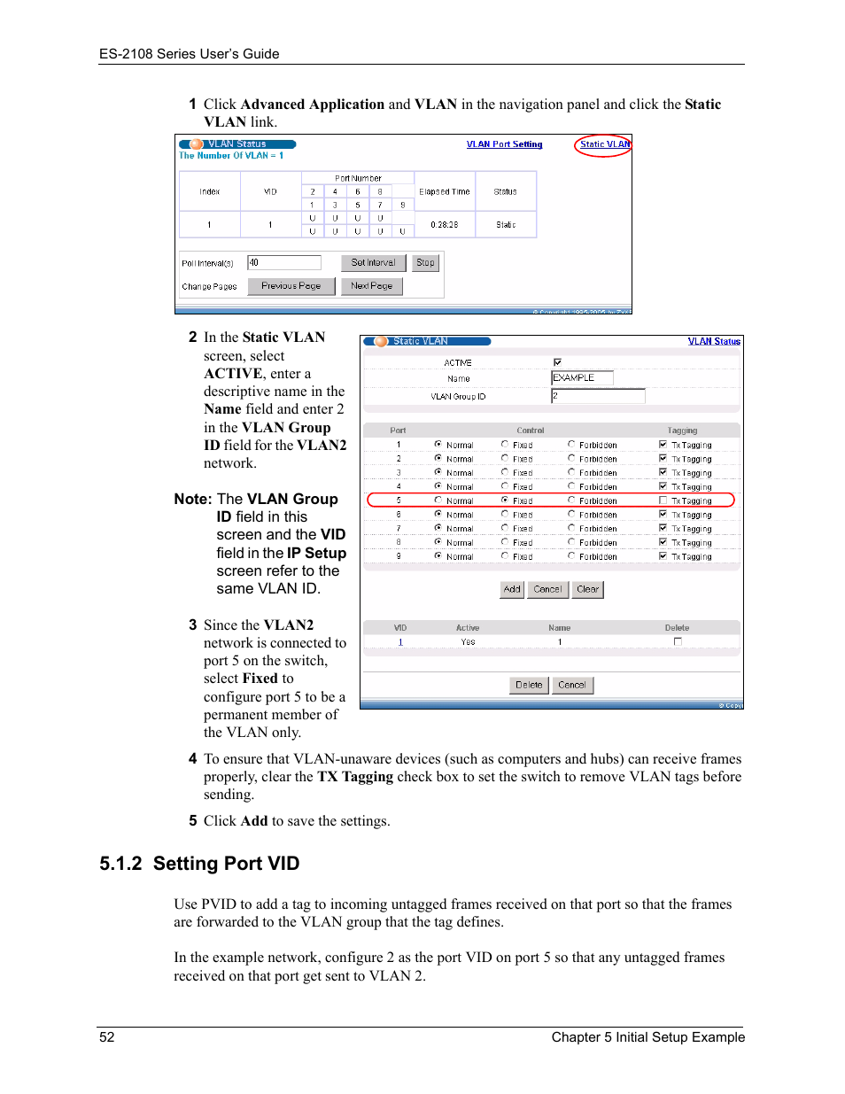 2 setting port vid | ZyXEL Communications ES-2108 User Manual | Page 52 / 224