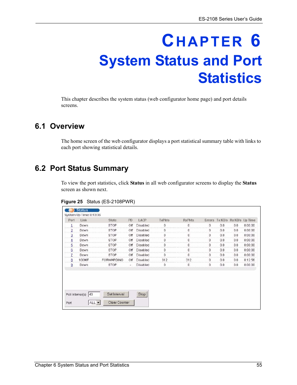 System status and port statistics, 1 overview, 2 port status summary | Chapter 6 system status and port statistics, 1 overview 6.2 port status summary, Figure 25 status (es-2108pwr) | ZyXEL Communications ES-2108 User Manual | Page 55 / 224