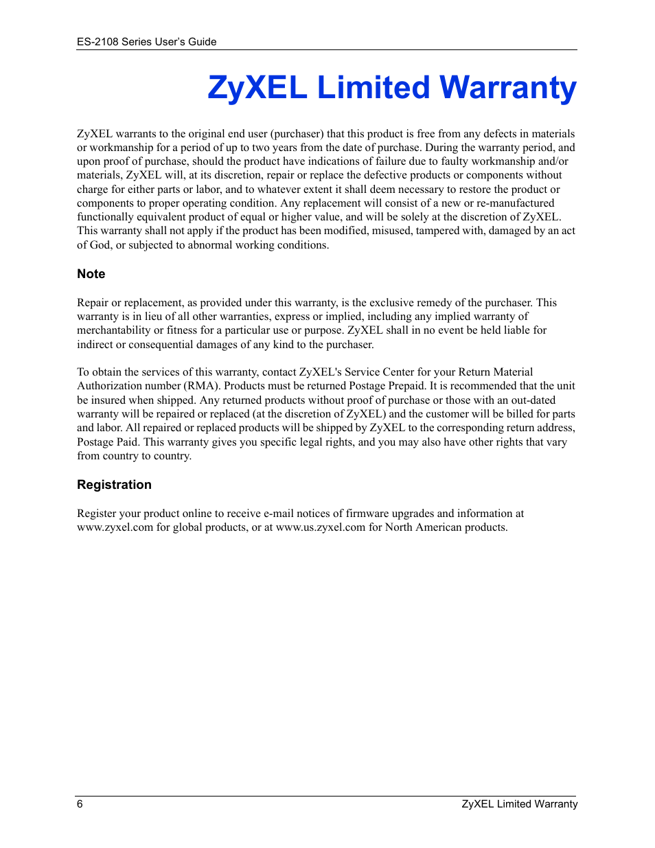 Zyxel limited warranty | ZyXEL Communications ES-2108 User Manual | Page 6 / 224