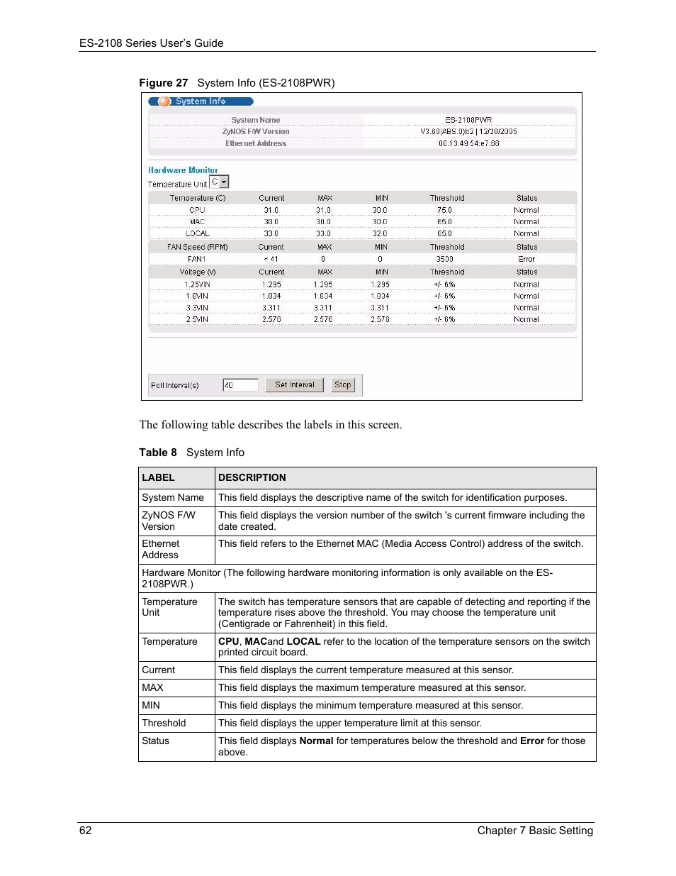 Figure 27 system info (es-2108pwr), Table 8 system info | ZyXEL Communications ES-2108 User Manual | Page 62 / 224