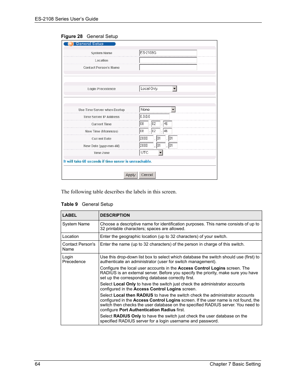 Figure 28 general setup, Table 9 general setup | ZyXEL Communications ES-2108 User Manual | Page 64 / 224