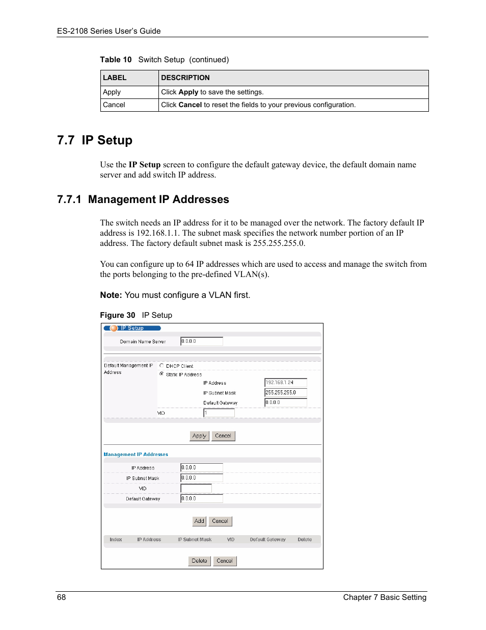 7 ip setup, 1 management ip addresses, Figure 30 ip setup | ZyXEL Communications ES-2108 User Manual | Page 68 / 224