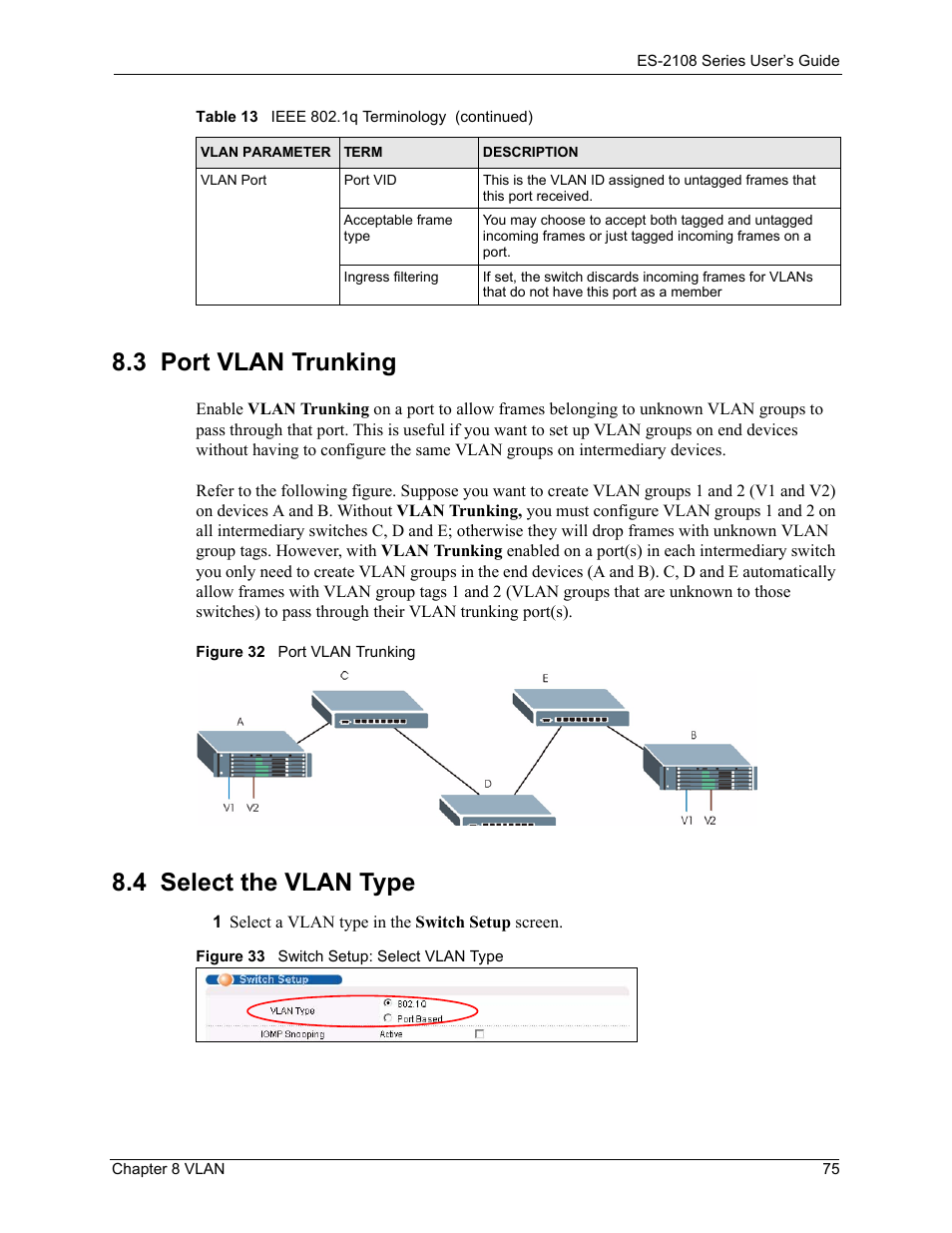 3 port vlan trunking, 4 select the vlan type, 3 port vlan trunking 8.4 select the vlan type | ZyXEL Communications ES-2108 User Manual | Page 75 / 224