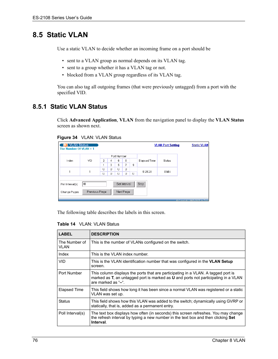 5 static vlan, 1 static vlan status, Figure 34 vlan: vlan status | Table 14 vlan: vlan status | ZyXEL Communications ES-2108 User Manual | Page 76 / 224