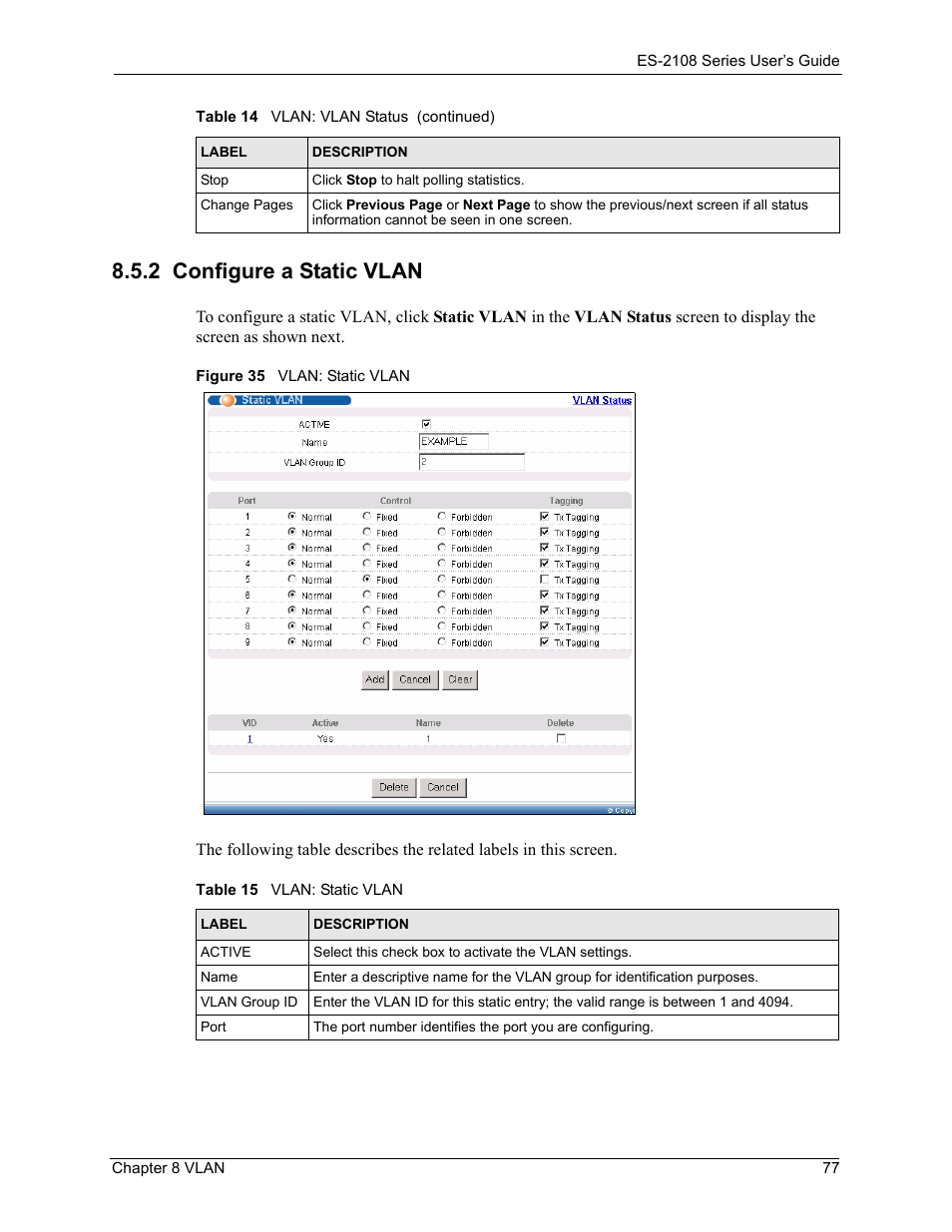 2 configure a static vlan, Figure 35 vlan: static vlan, Table 15 vlan: static vlan | ZyXEL Communications ES-2108 User Manual | Page 77 / 224