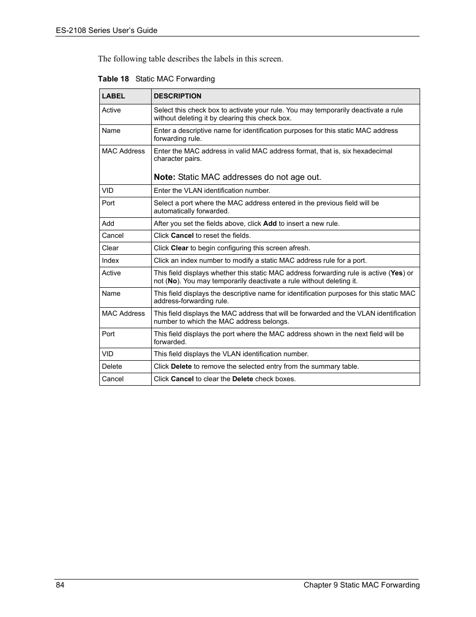 Table 18 static mac forwarding | ZyXEL Communications ES-2108 User Manual | Page 84 / 224