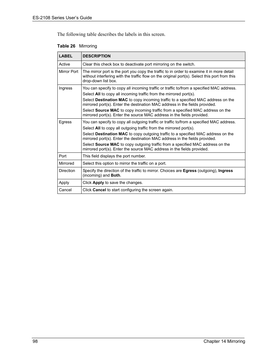 Table 26 mirroring | ZyXEL Communications ES-2108 User Manual | Page 98 / 224
