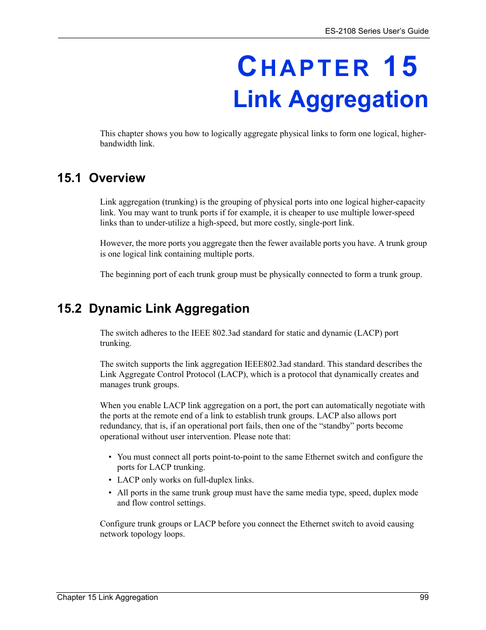 Link aggregation, 1 overview, 2 dynamic link aggregation | Chapter 15 link aggregation, 1 overview 15.2 dynamic link aggregation | ZyXEL Communications ES-2108 User Manual | Page 99 / 224