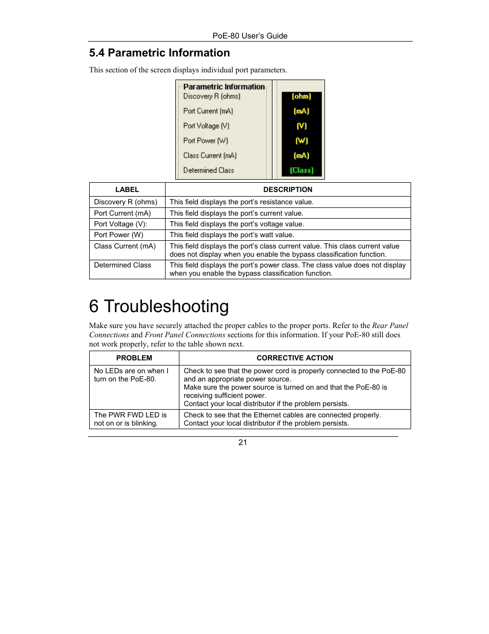 Parametric information, Troubleshooting, 6 troubleshooting | 4 parametric information | ZyXEL Communications PoE-80 User Manual | Page 21 / 23