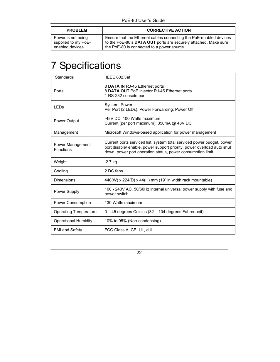 Specifications, 7 specifications | ZyXEL Communications PoE-80 User Manual | Page 22 / 23
