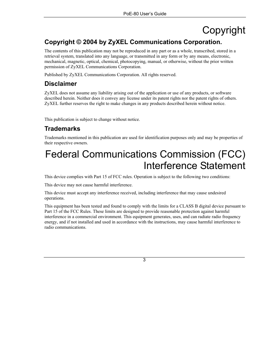 Copyright | ZyXEL Communications PoE-80 User Manual | Page 3 / 23